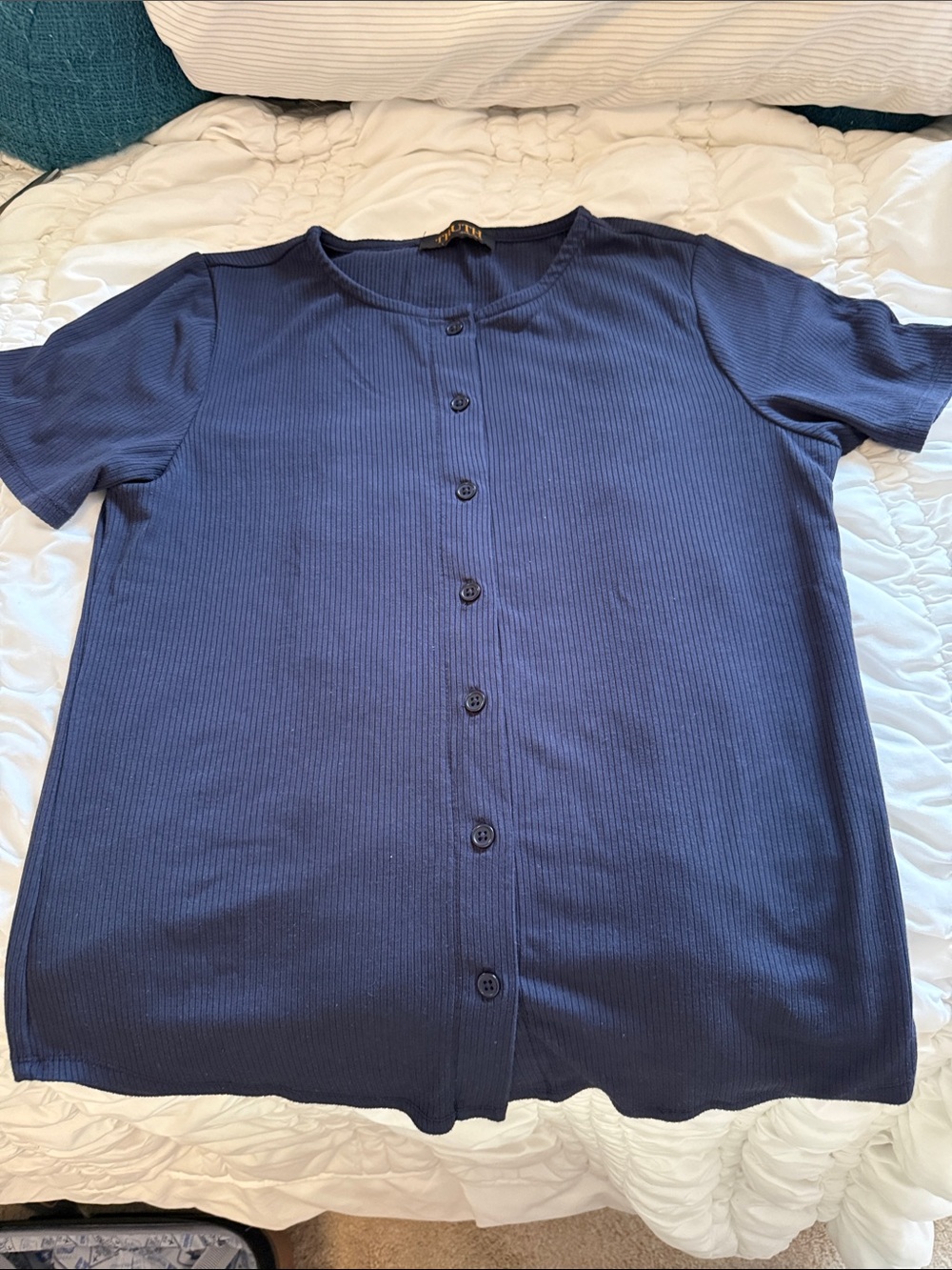 Women’s Navy Short Sleeve Button-Front Ribbed Tee